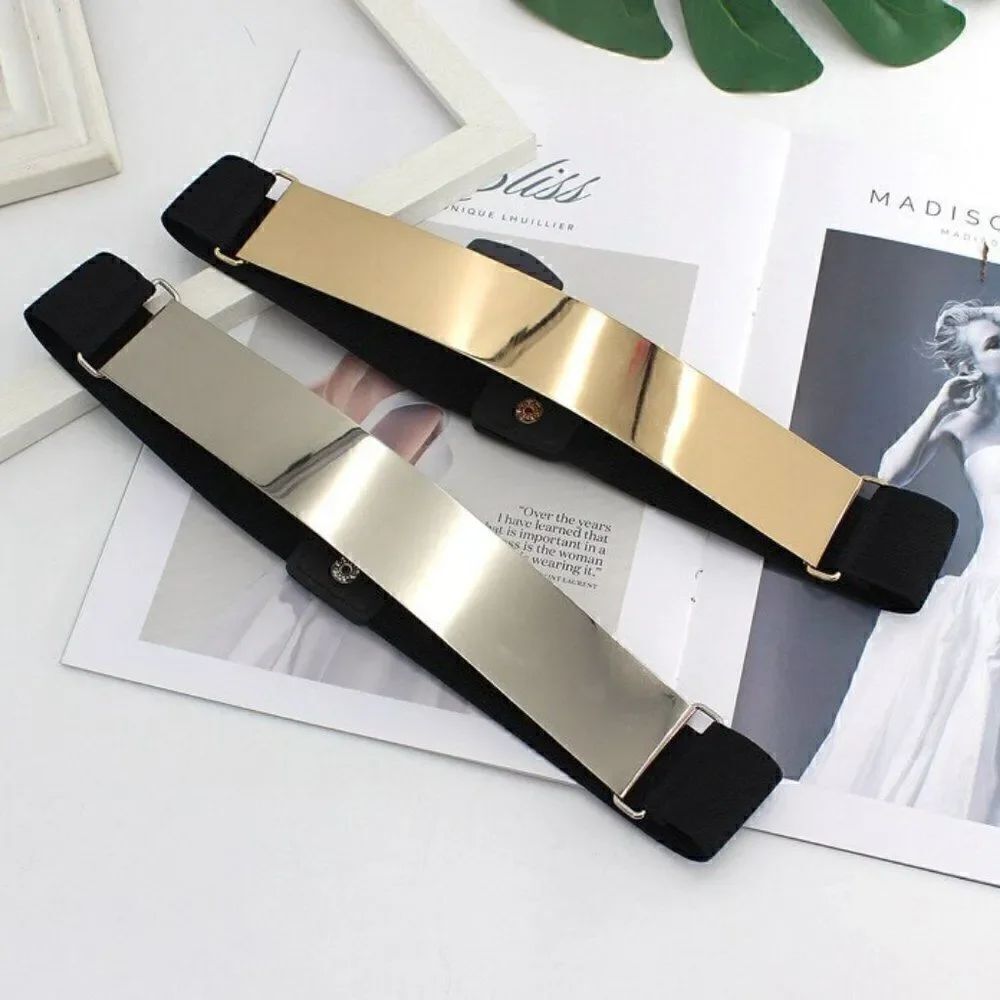 Mirror Gold Silver Tone Metal Plate Elastic Waist Stretchy Dress Belt NEW